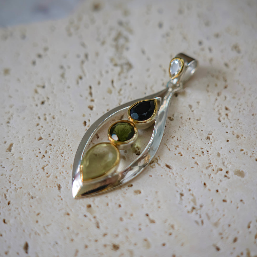 Celestial Trinity Gold Tektite Moldavite Libyan desert glass herkimer faceted pendant jewellery jewelry 